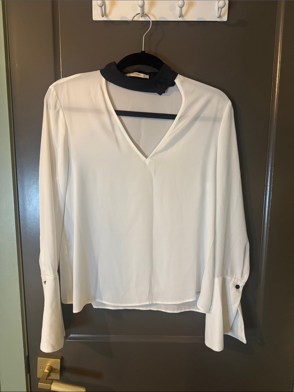 Mango White V-Neck Blouse with Black Contrast Band Collar, large cuff sleeves